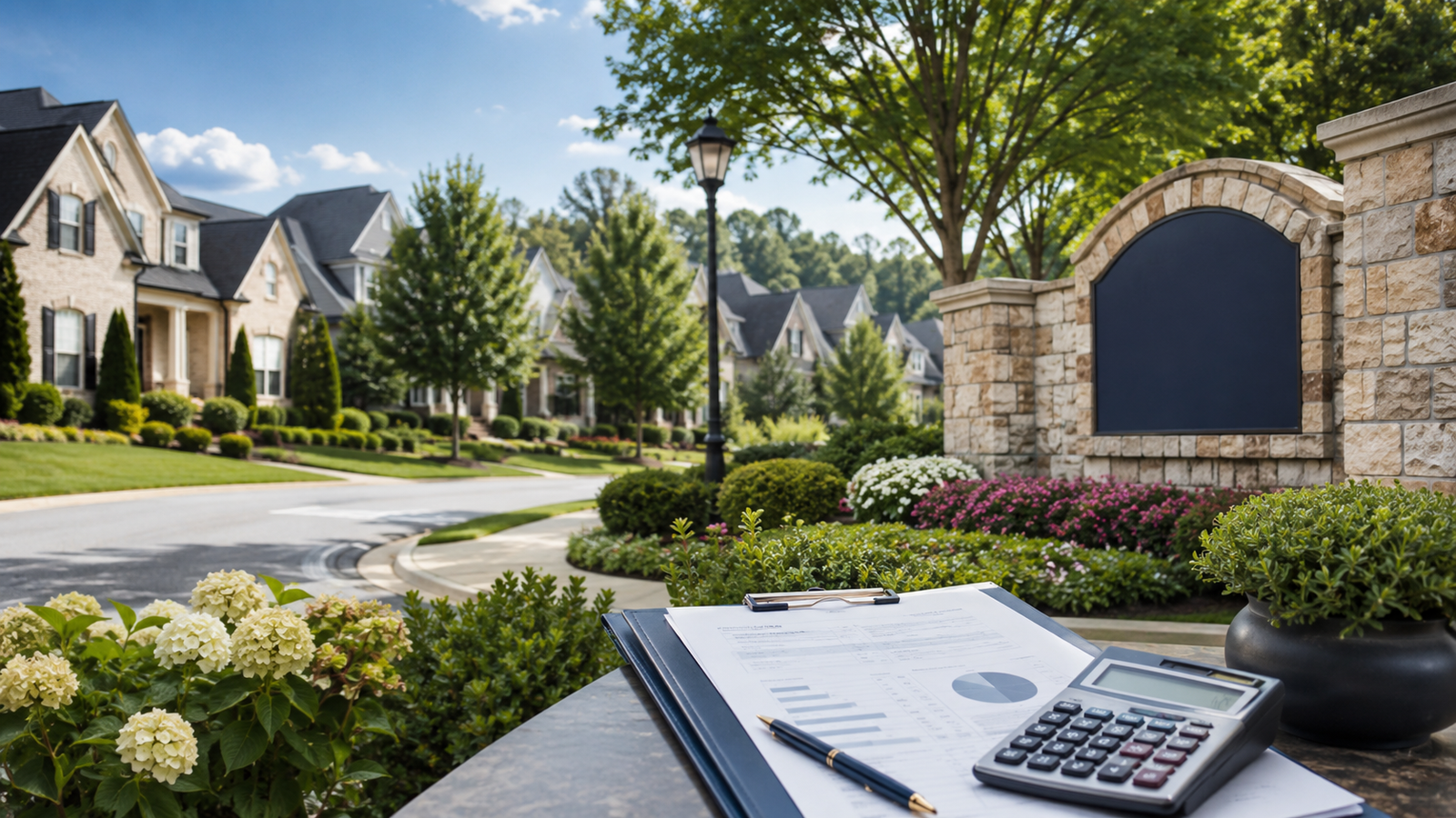 Atlanta suburb HOA fees illustrated with neighborhood homes, budget documents, and a calculator